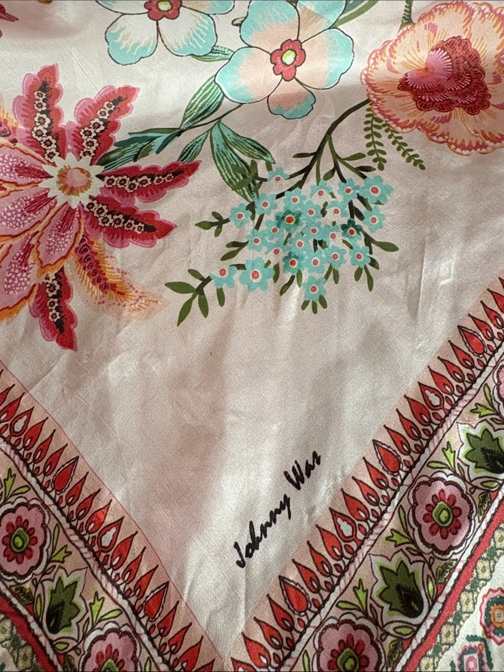 Johnny Was 100% Silk Floral Scarf—GORGEOUS! Reds, Pinks, Greens & More. EUC! - Picture 2 of 6